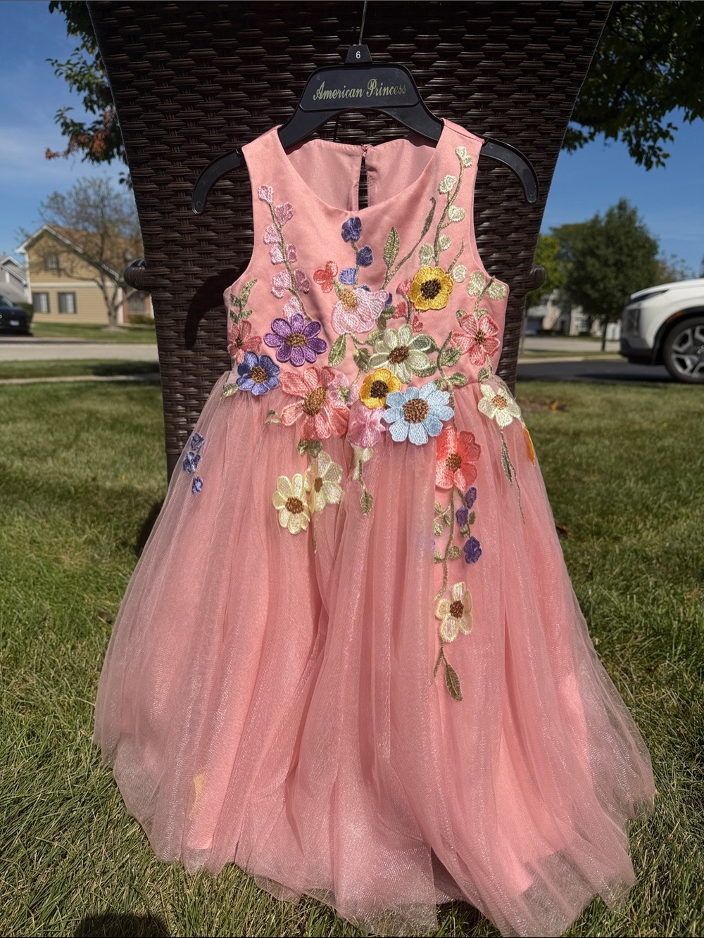 Azazie Pink Tulle Dress with Multicolor Floral Appliqués